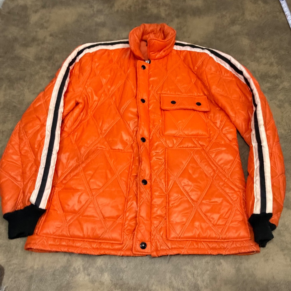 Toppmaster Quilted Jacket Mens M Orange VTG USA Made Racing Stripe 80s Retro
